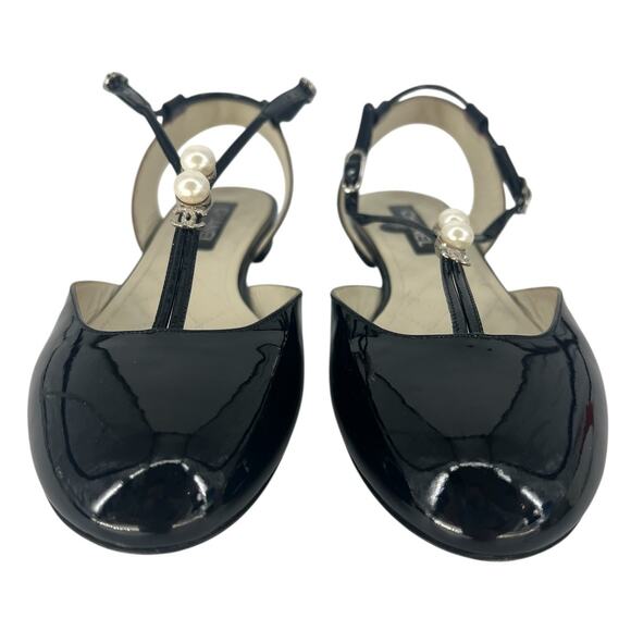 Chanel 2013 Black Patent Leather CC Pearl Slingback Flats - Picture 10 of 16